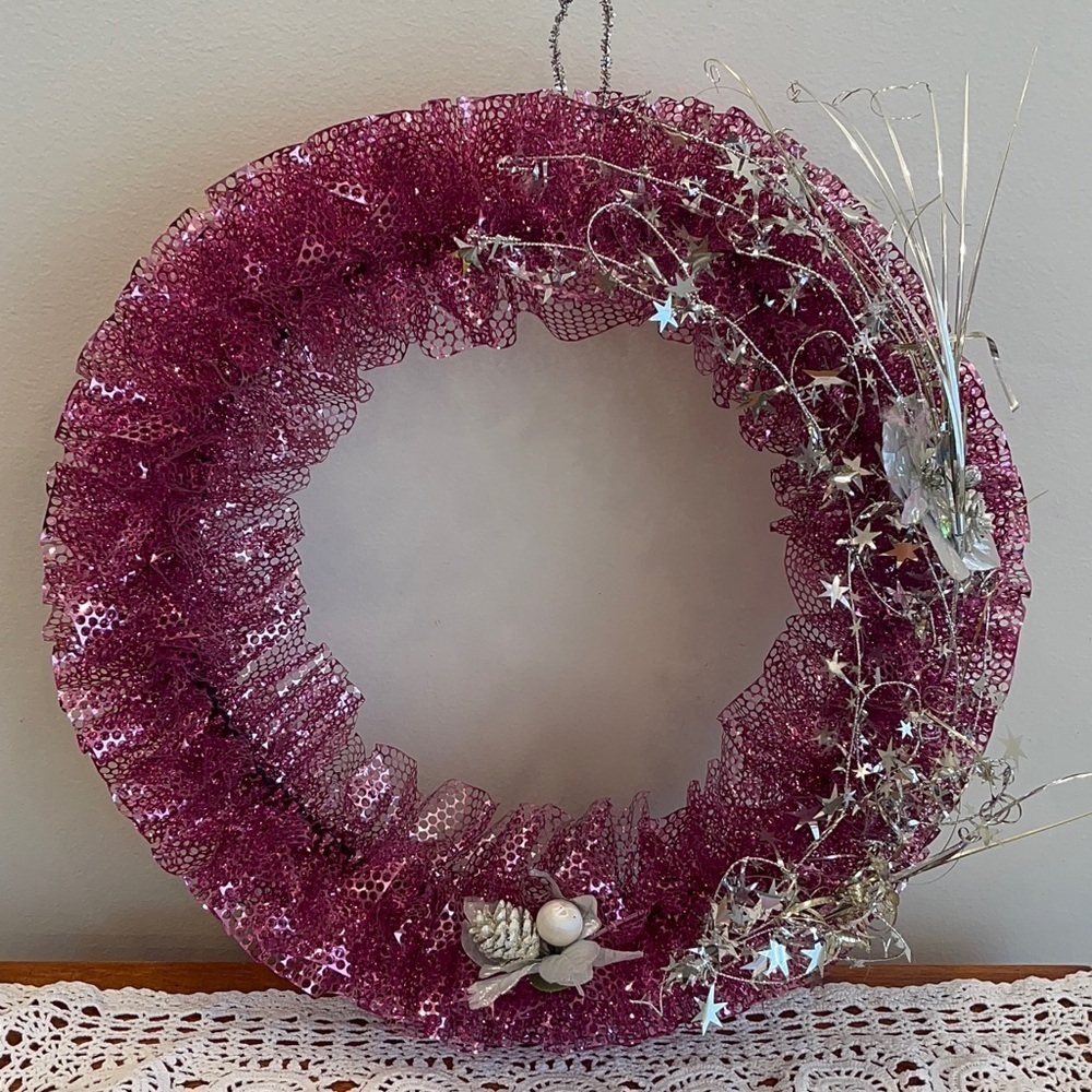 Vintage Christmas pink and silver wreath | pink Christmas wreath tinsel & foil